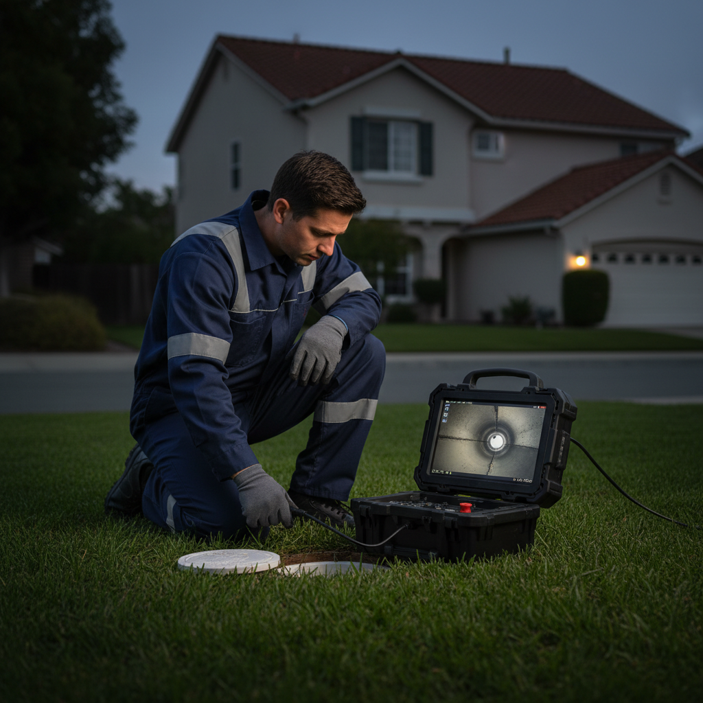 A professional Murgreen technician monitors a high-resolution screen displaying the inside of a sewer pipe during a CCTV camera inspection in Pleasanton, CA.