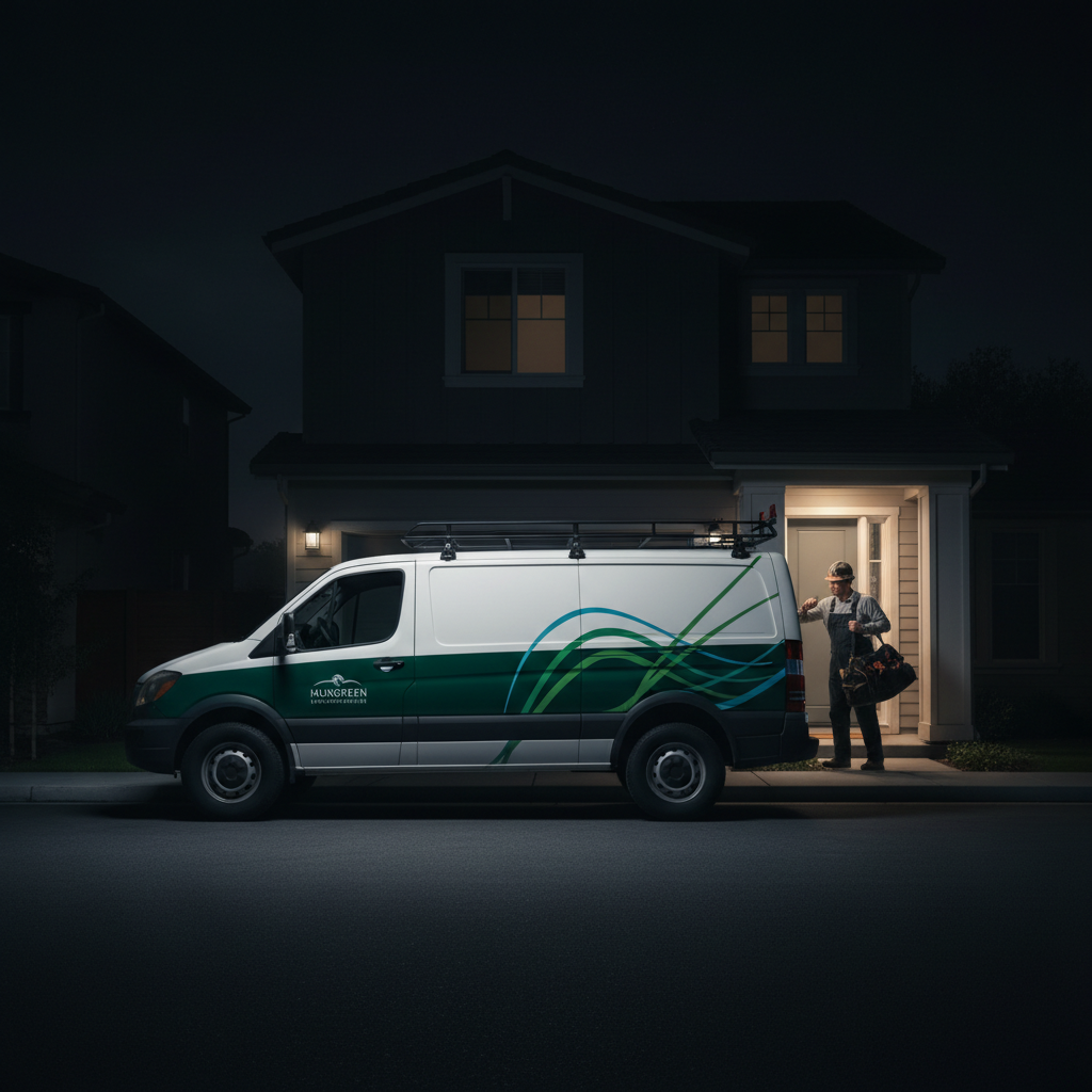 Murgreen Environmental Company's service van at a residential plumbing emergency in Pinole, California.