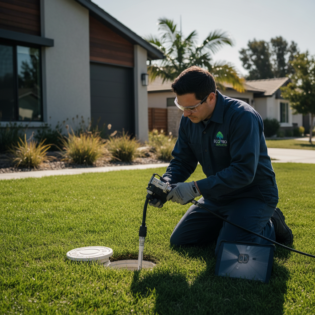 Murgreen Environmental technician professionally assessing a sewer cleanout access point at a residential property in Dublin, CA.