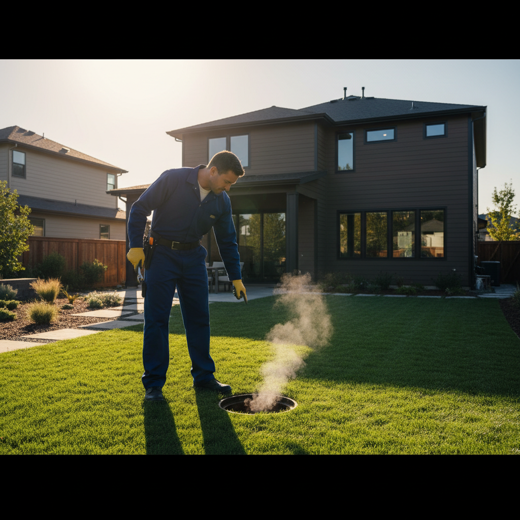 Professional plumber from Murgreen Environmental assessing a sewer backup issue in a Livermore, CA home's yard.