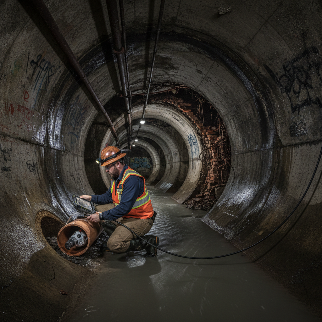 Professional plumber from Murgreen Environmental using a camera to inspect a sewer line in an Oakland, CA home.
