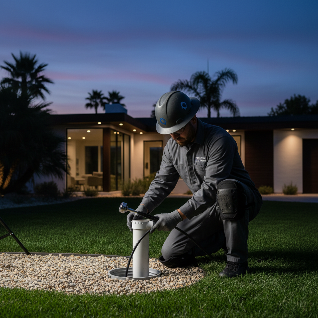 Professional technician from Murgreen Environmental using a sewer camera to diagnose a backup issue in a Stockton, CA home.