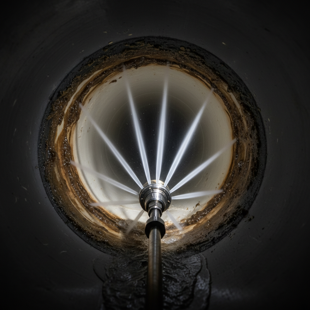 A professional hydro jetting nozzle with high-pressure water streams cleaning the inside of a sewer pipe.
