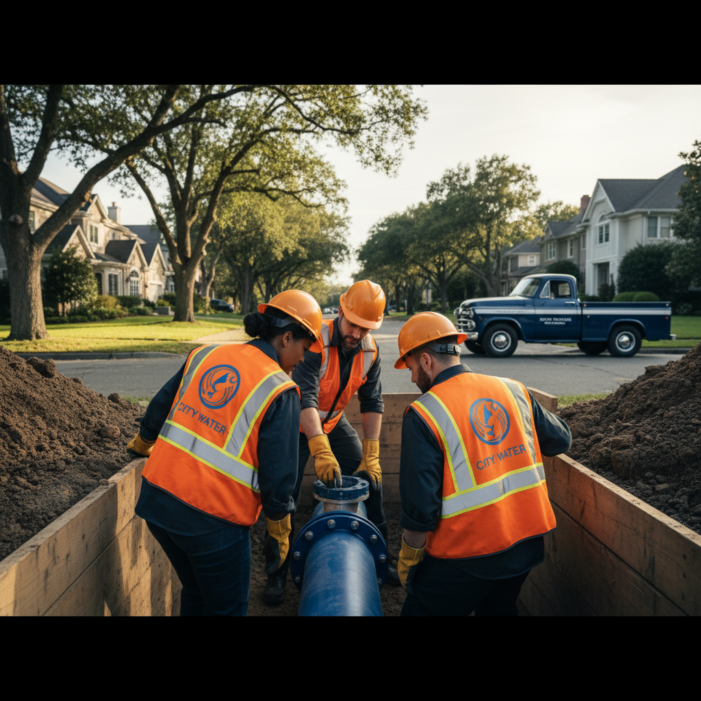 Murgreen Environmental Company's municipal plumbing crew working on a large water main project in Hillsborough, CA.