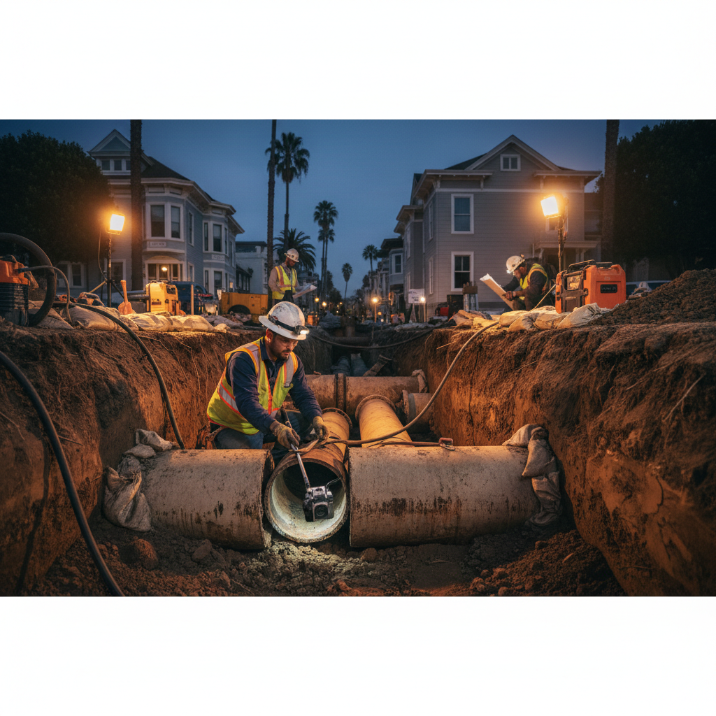 Municipal plumbing team from Murgreen Environmental inspecting a sewer main access point in Alameda, CA.