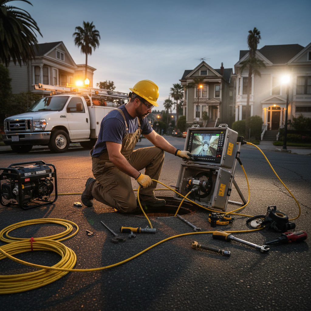 CCTV pipe inspection camera view showing a crack and root intrusion in an old Oakland sewer pipe.