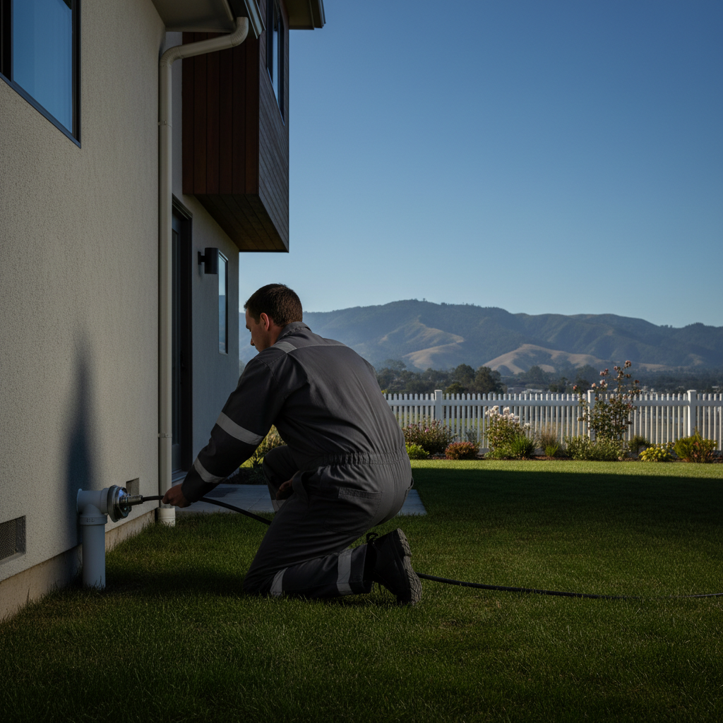 Technician using a sewer camera inspection system inside a clean-out access point in a Brisbane, CA home.