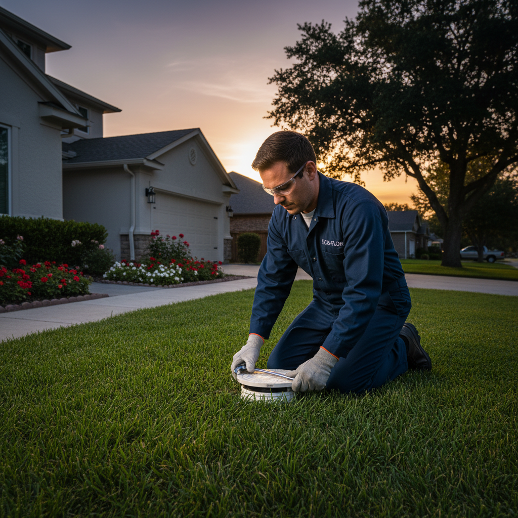 A professional Murgreen technician inspecting a residential sewer cleanout access point in a Sacramento neighborhood.