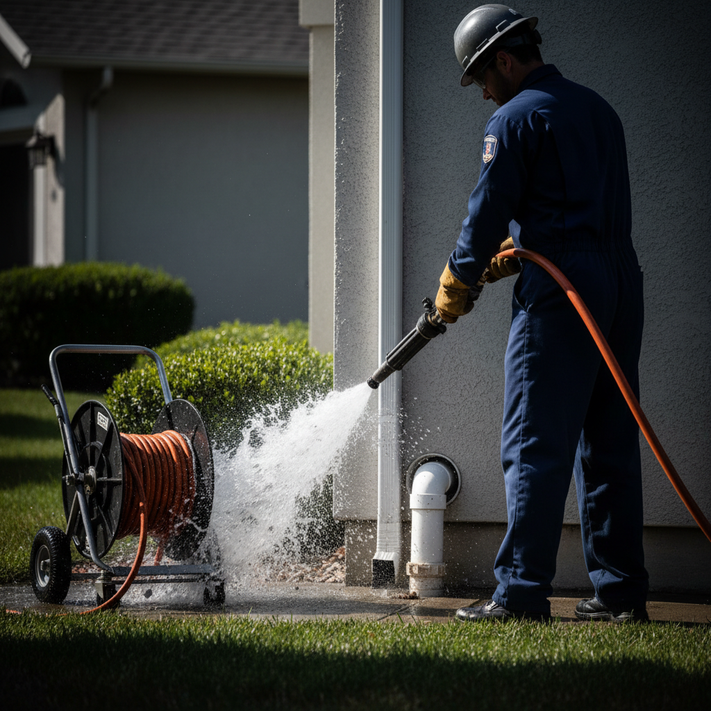 Clean water being hydro-jetted into a residential sewer line access point on a suburban street.