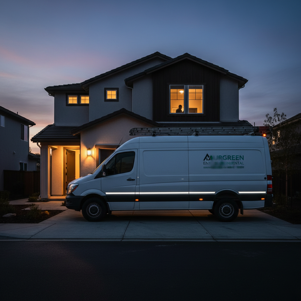 Murgreen Environmental Company service van responding to an emergency plumbing call in Tracy, CA at dusk.