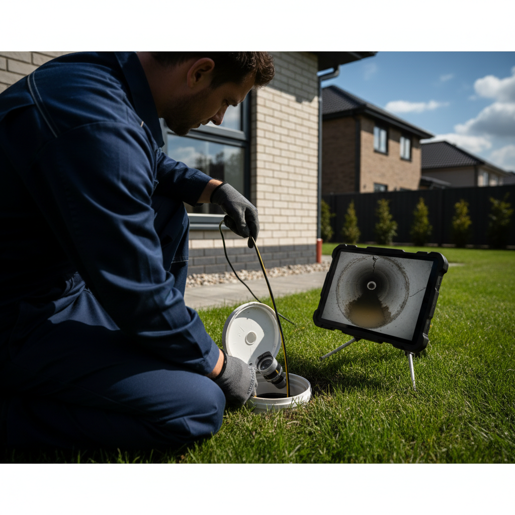Murgreen Environmental technician performing a sewer camera inspection in a Ceres, California residential yard.