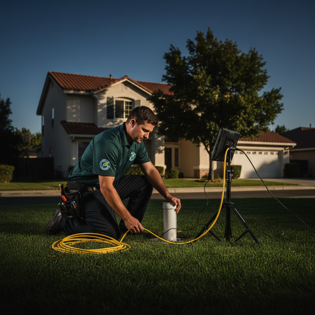 A professional Murgreen Environmental technician inspecting a residential sewer cleanout in Fresno, CA.