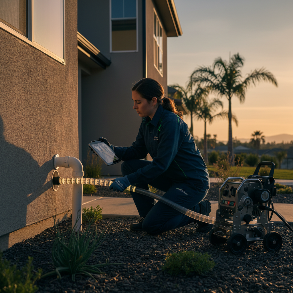 Professional Murgreen Environmental technician performing a sewer camera inspection in a Lathrop, California home.