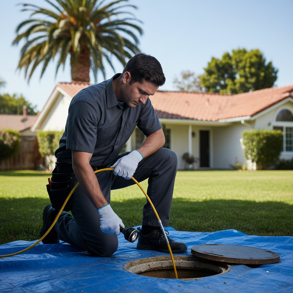 A professional Murgreen technician using video inspection equipment in a residential sewer line in Manteca, CA.