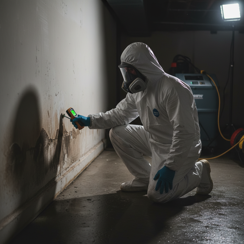 A Murgreen Environmental technician in full protective gear inspecting a flooded basement in Merced, CA, after a sewer backup.
