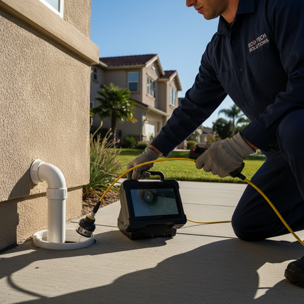A professional from Murgreen Environmental conducting a sewer camera inspection in a Modesto, California home's cleanout access.
