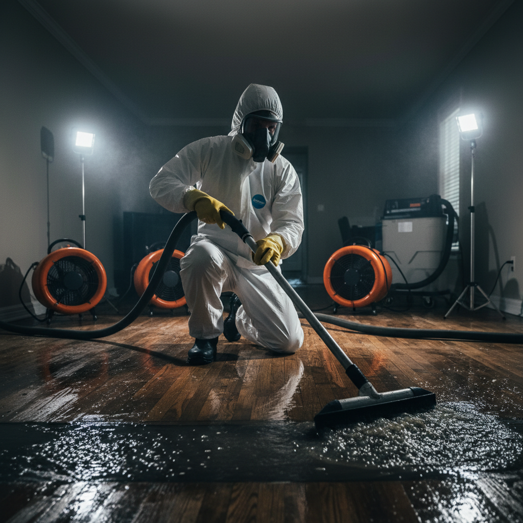 Professional restoration technician from Murgreen Environmental Company cleaning up a sewer backup in a Pleasanton, CA home.