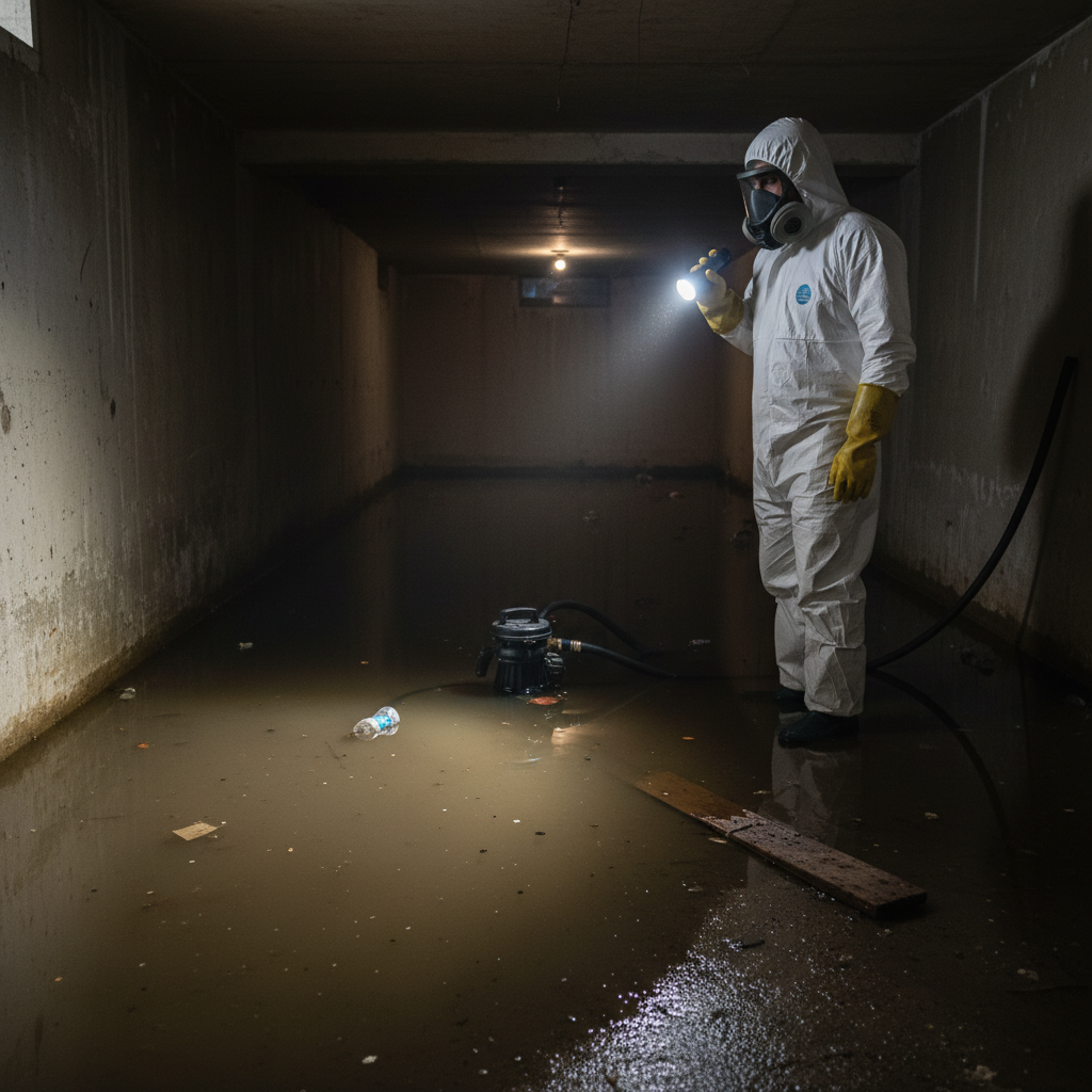 A professional Murgreen Environmental technician in protective gear assessing a residential sewer backup in a Ripon, CA home.