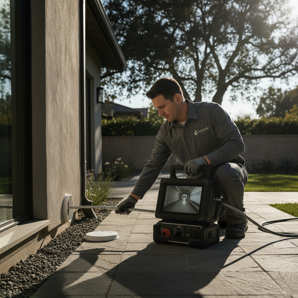 A Murgreen Environmental technician using a sewer camera inspection tool on a residential property in Alameda, CA.