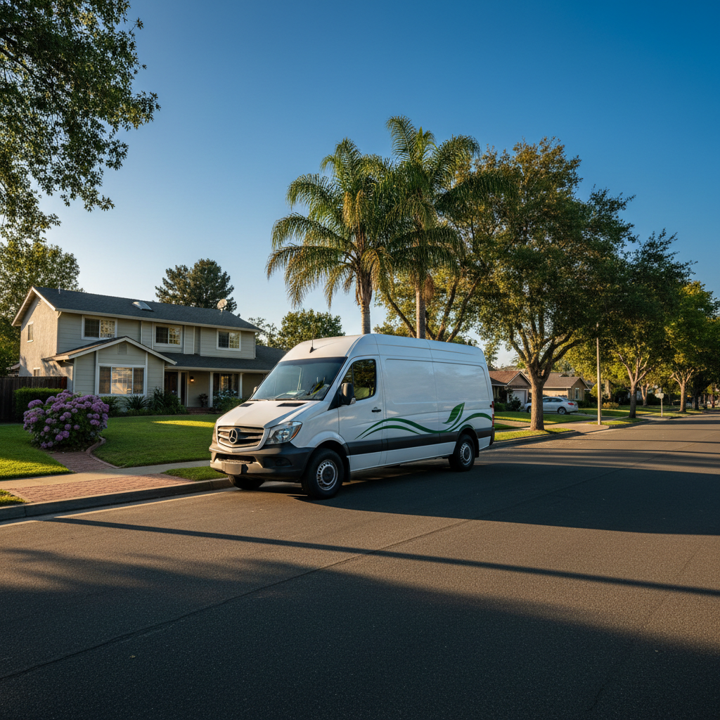 Murgreen Environmental service truck parked in a suburban Antioch, CA neighborhood for a sewer backup repair job.