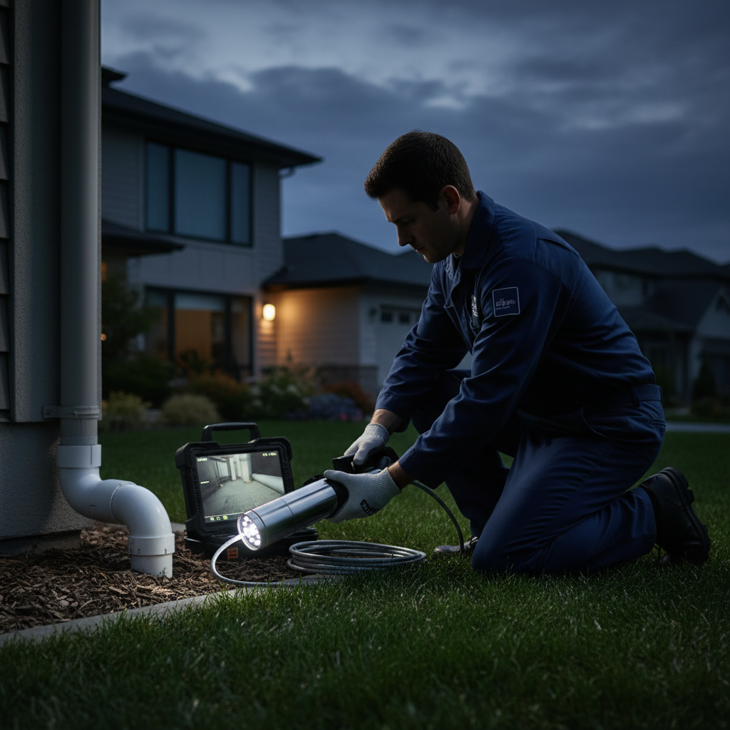 Murgreen Environmental technician performing a sewer camera inspection inside a clean-out access pipe for a Brentwood home's sewer line.