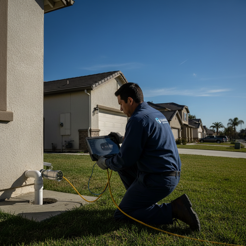Professional Murgreen technician using a sewer camera inspection tool in a Patterson, CA home.