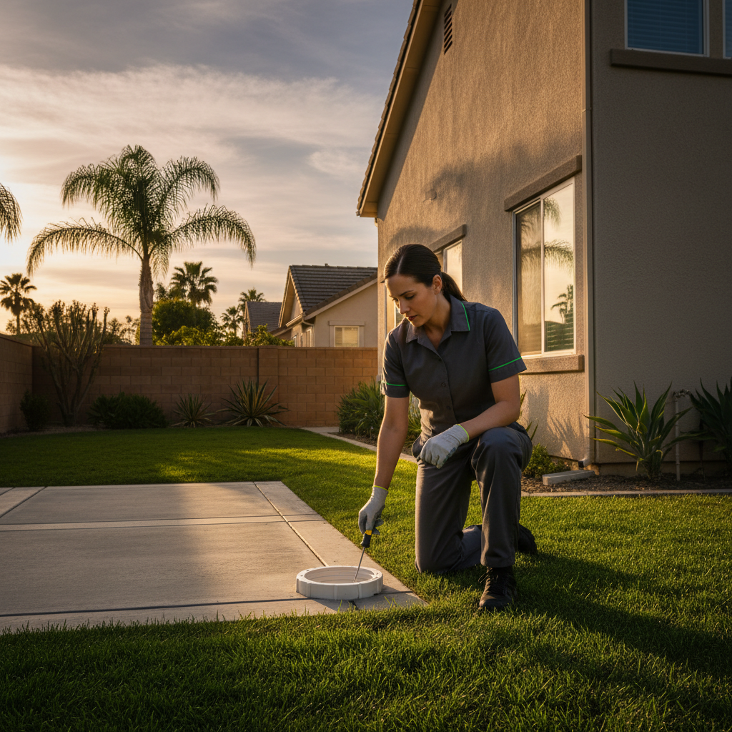 Murgreen Environmental technician assessing a sewer backup issue in a Turlock, CA home's yard.