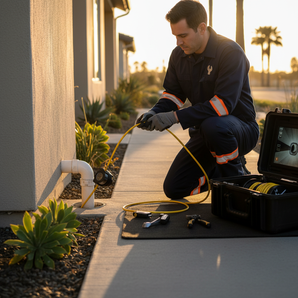 Professional technician using a sewer camera inspection tool inside a residential pipe in Visalia, CA.