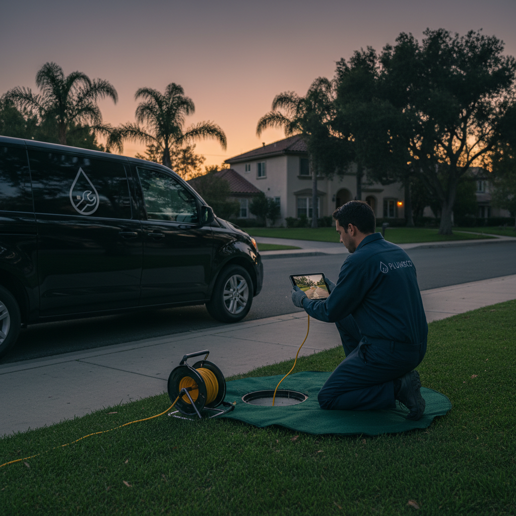 Professional Murgreen technician performing a sewer camera inspection at a home in Lathrop, CA.