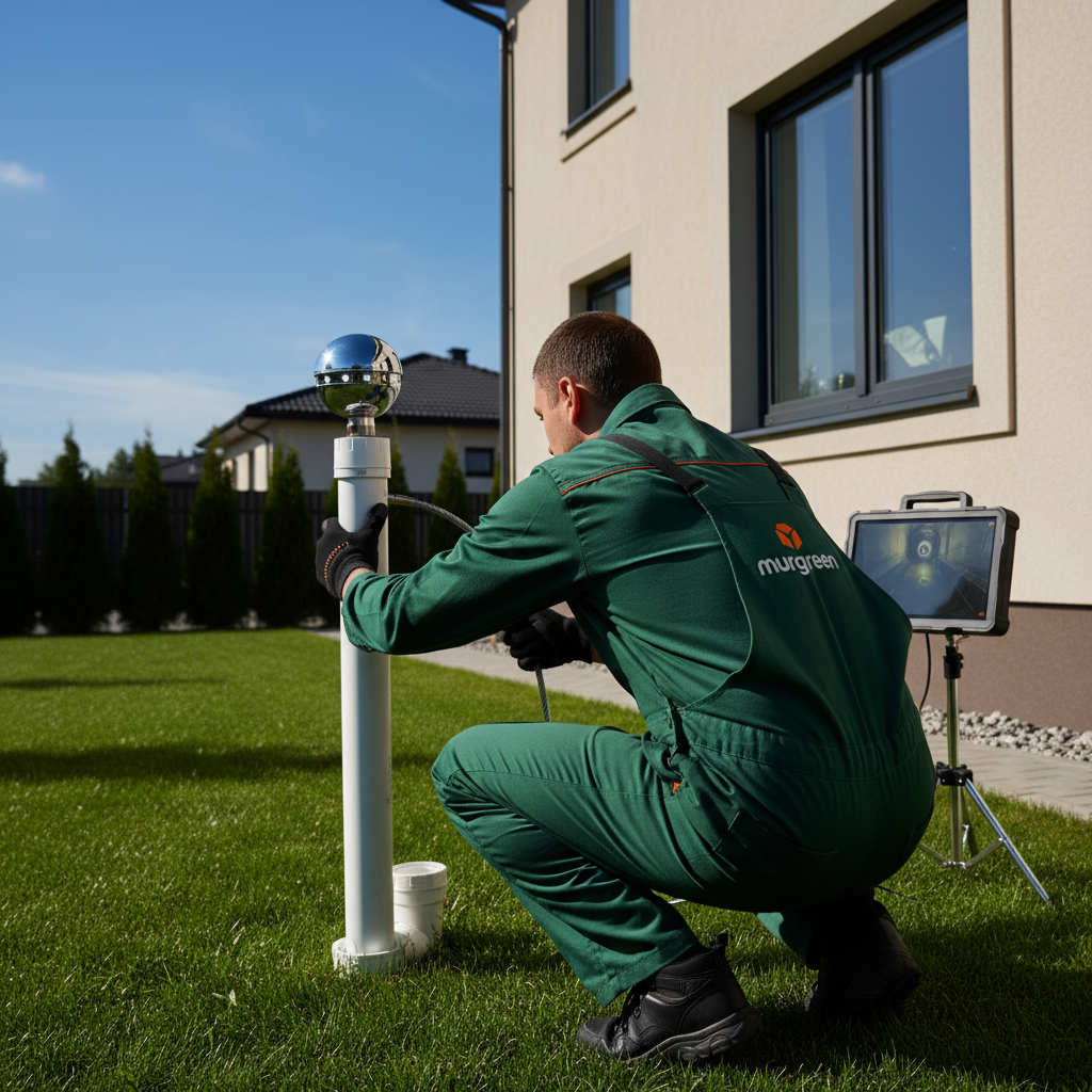 Professional sewer camera inspection in a residential Merced, California home's cleanout.