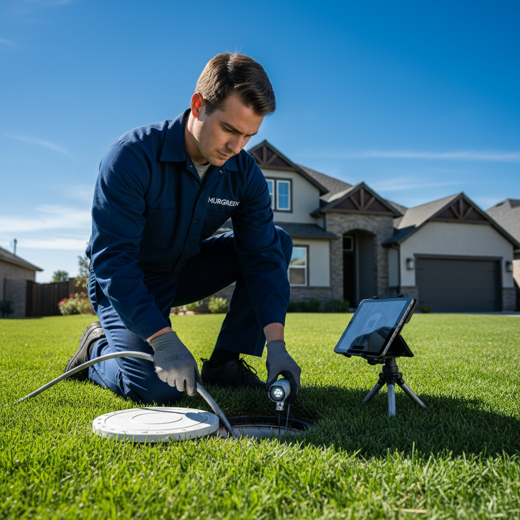 Professional Murgreen technician using a sewer camera inspection tool at a clean, modern home in Mountain House, CA.
