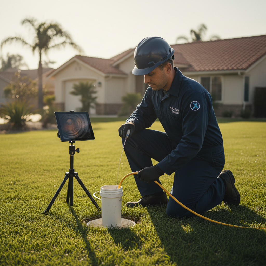 Murgreen Environmental technician performing a sewer camera inspection for a backup repair in Pittsburg, CA.