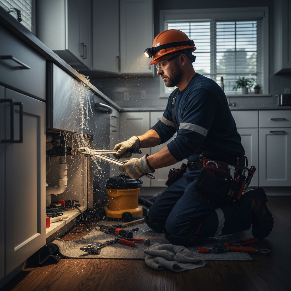 Murgreen Environmental technician quickly repairing a burst pipe under a kitchen sink in a Brisbane, California home.