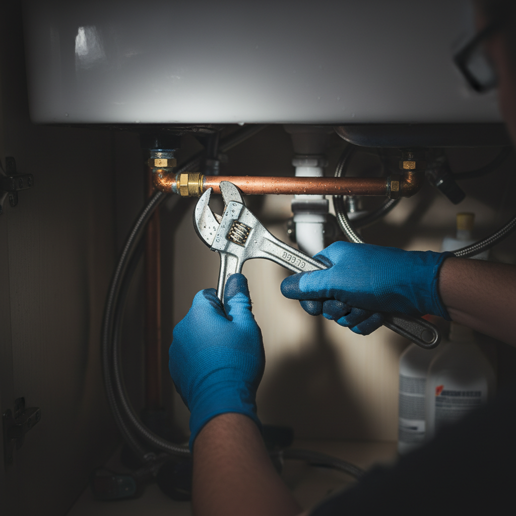 A professional Murgreen Environmental plumber working on an emergency pipe repair under a kitchen sink in an Oakland home.