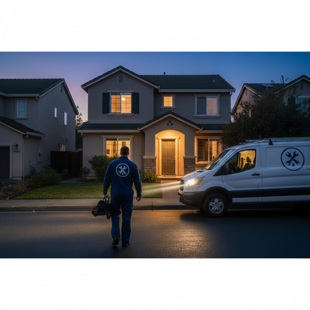 Murgreen Environmental technician arriving at a Dublin, CA home at night for an emergency plumbing repair service call.