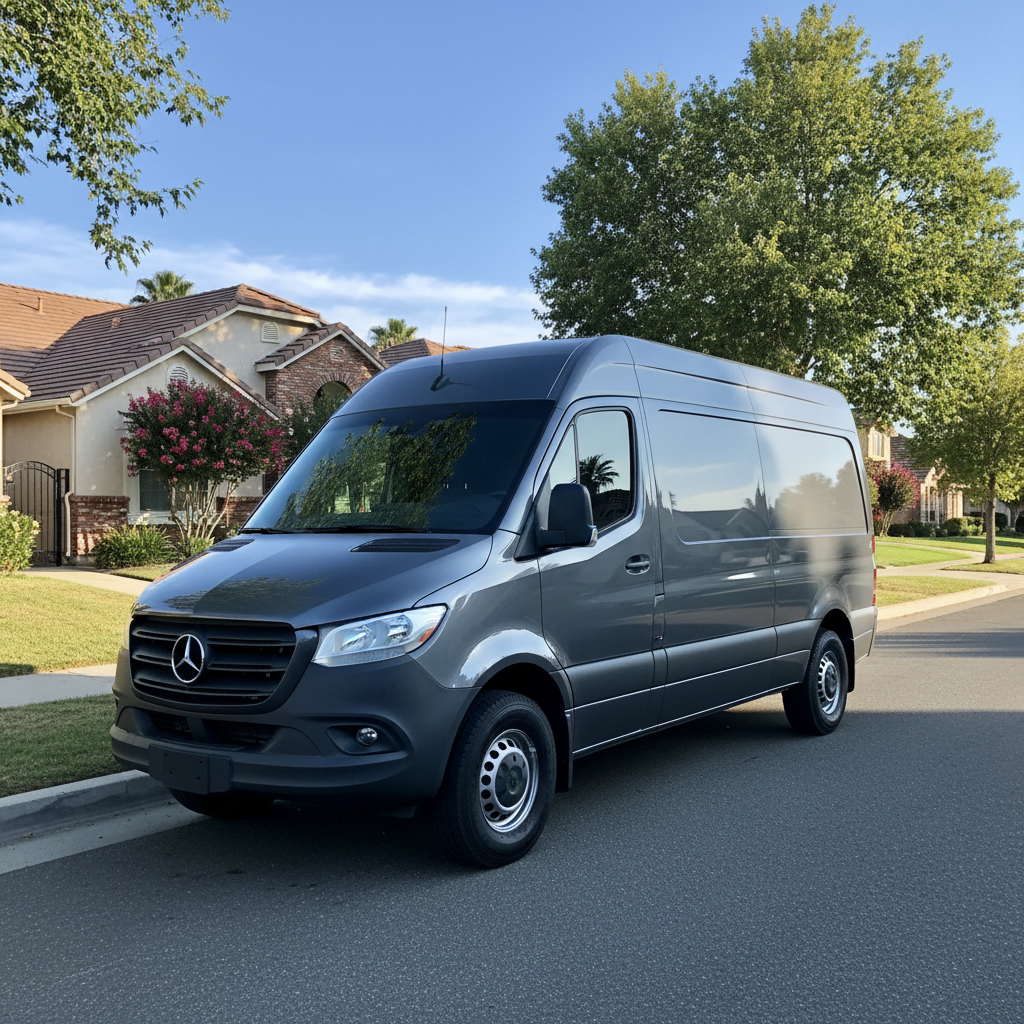 Murgreen Environmental Company service van parked in a residential Fresno, California neighborhood, ready for an emergency plumbing call.