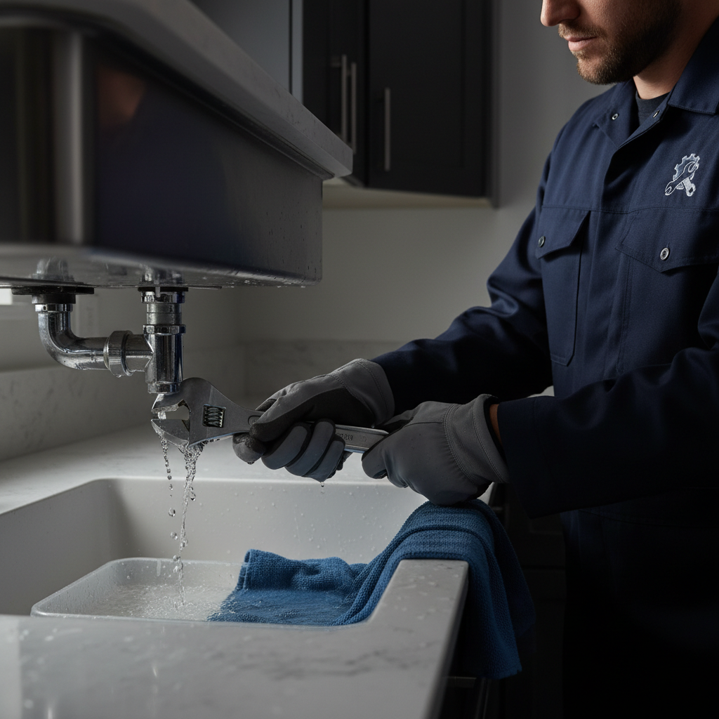 A professional Murgreen plumber working quickly to fix a burst pipe under a kitchen sink in a Lathrop home.