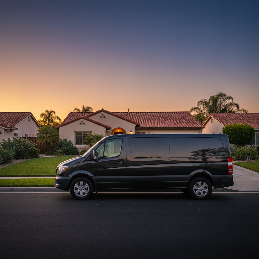 A Murgreen Environmental Company service van parked in front of a residential home in Livermore, CA during an emergency plumbing call.