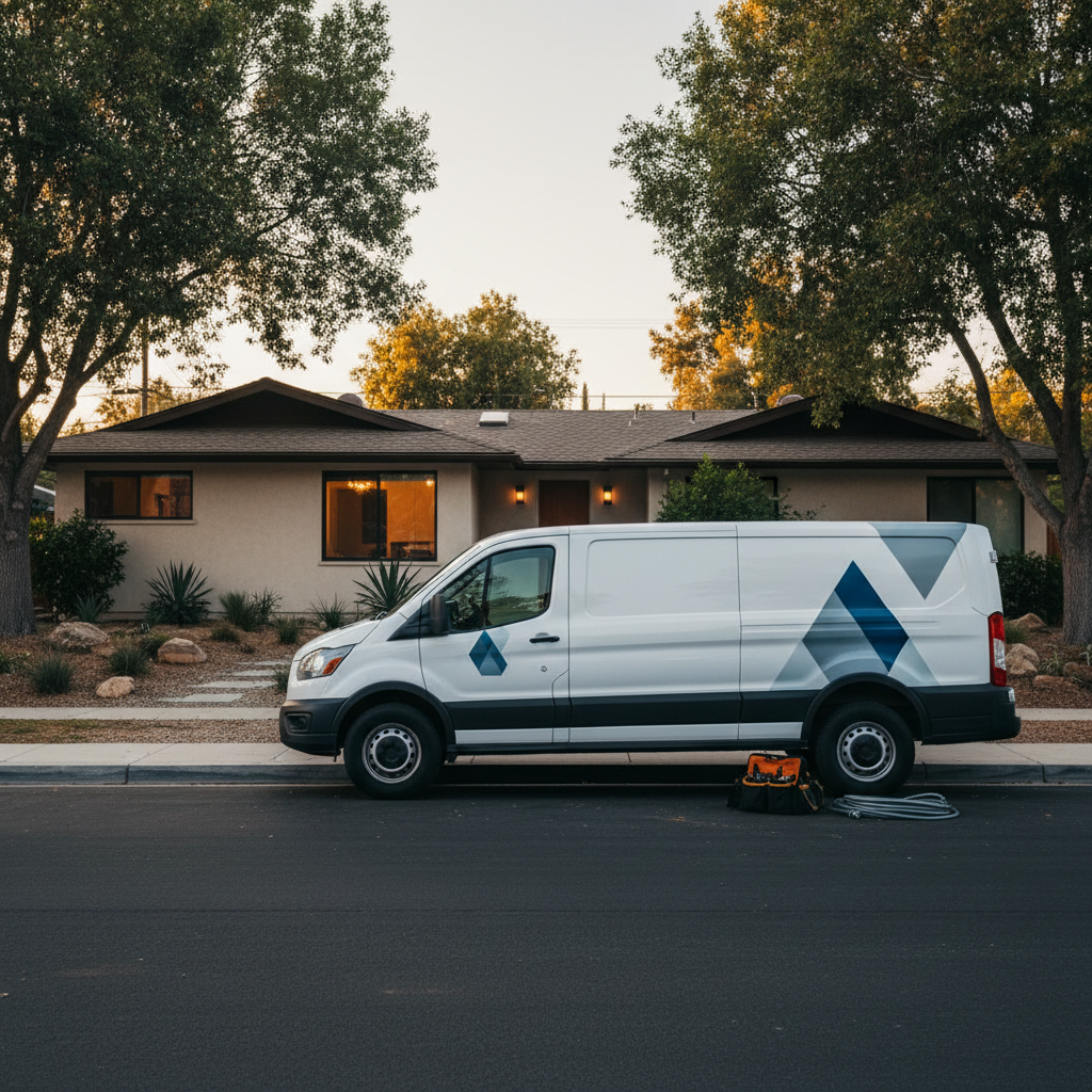 Murgreen Environmental service van parked on a residential street in Lodi, CA, during an emergency plumbing call.