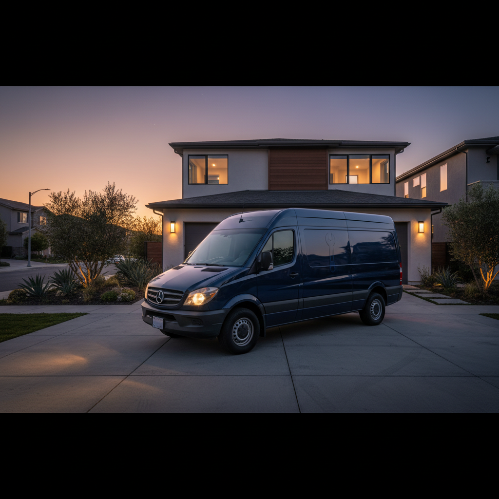 A Murgreen Environmental Company service van parked on a residential street in Manteca, CA during an emergency plumbing call.