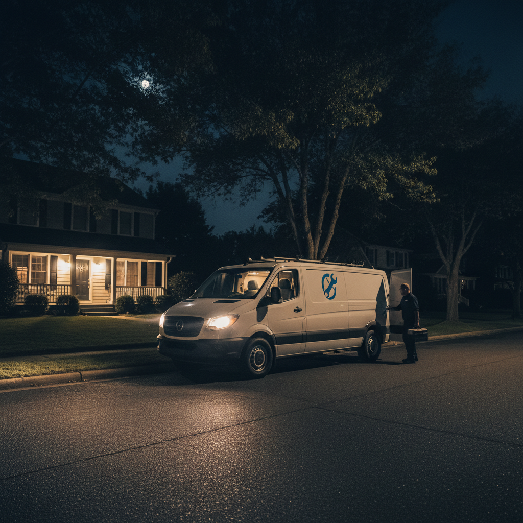 Murgreen Environmental Company's service van parked in a residential Modesto neighborhood at night, ready for an emergency plumbing call.