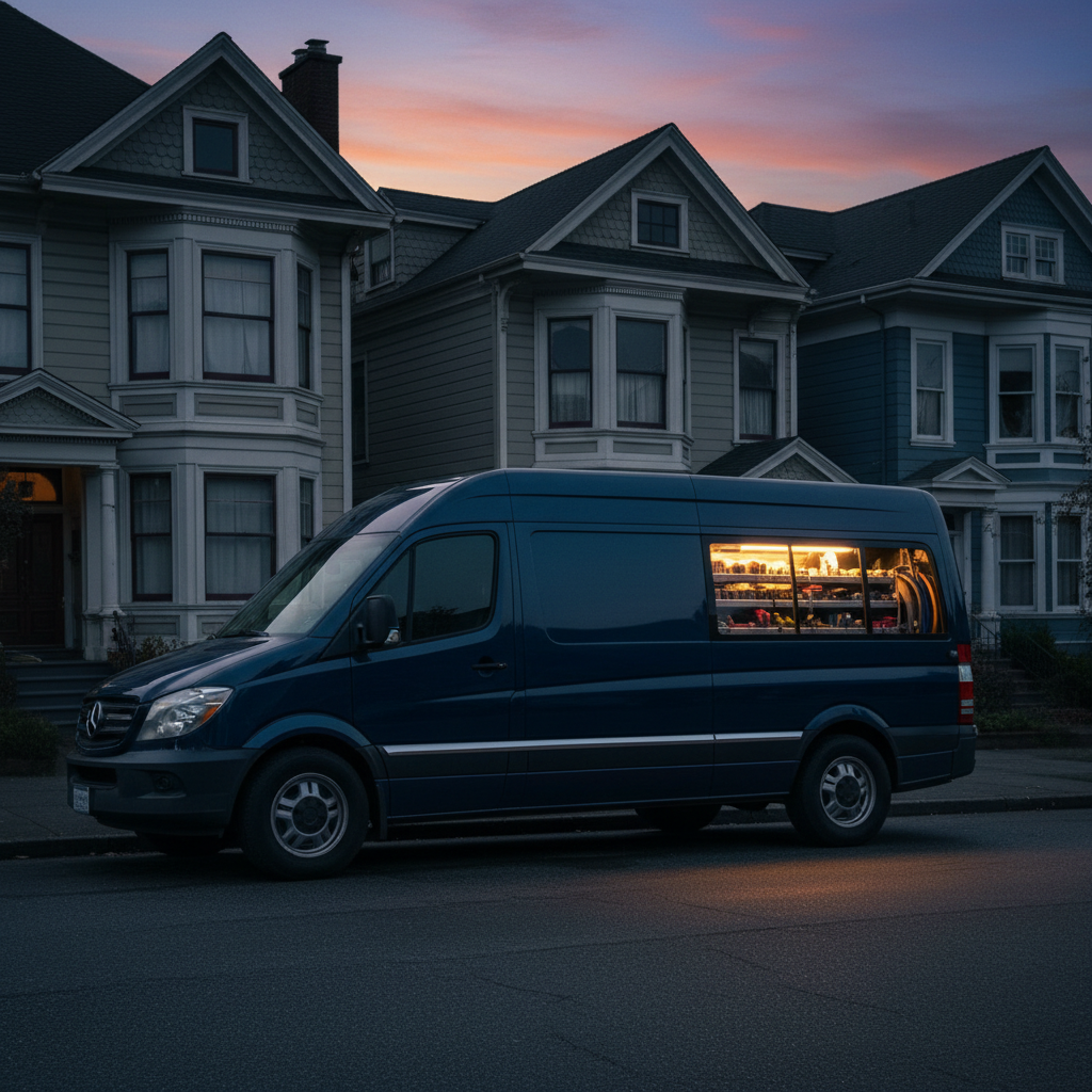 Murgreen Environmental Company van parked on a residential Oakland street ready for an emergency plumbing service call.