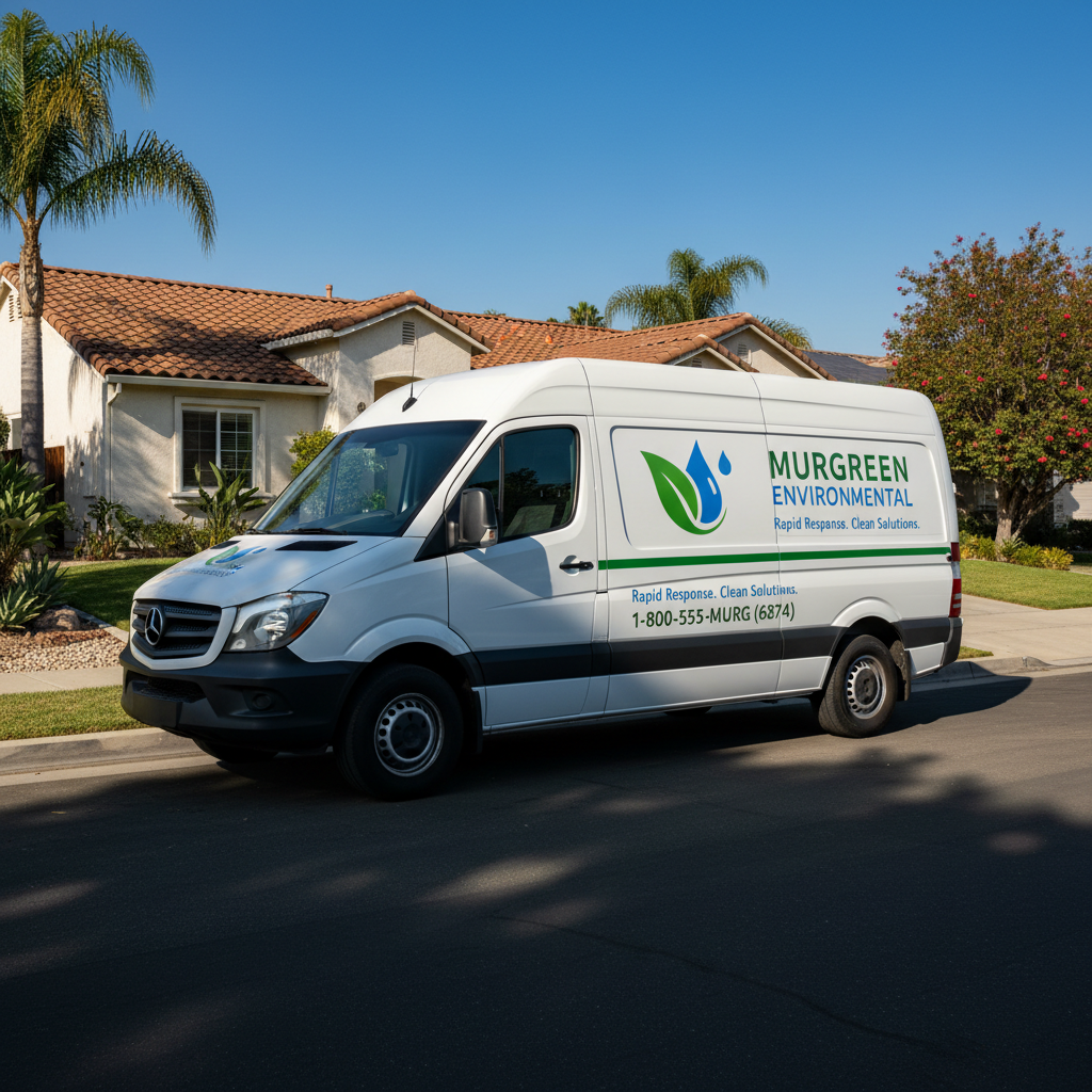 Murgreen Environmental Company van parked in a Patterson, CA neighborhood for an emergency plumbing service call.