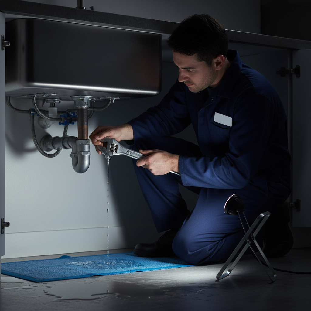 A Murgreen professional plumber working diligently to fix a burst pipe under a kitchen sink in a Ripon home.