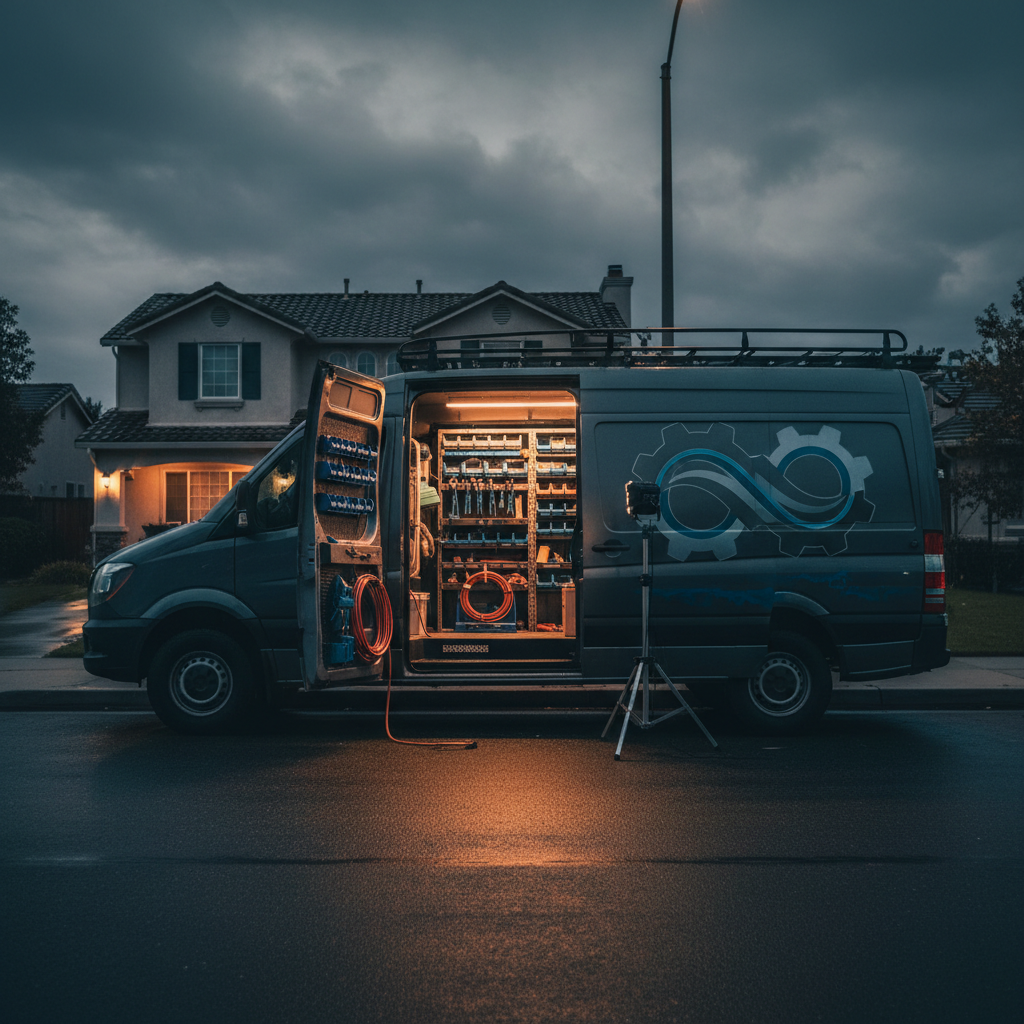 Murgreen Environmental Company service van parked in front of a Stockton, CA home at night, ready for an emergency plumbing call.