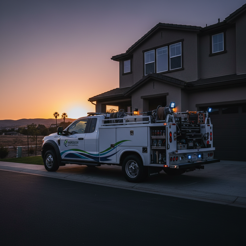 Murgreen Environmental truck parked on a residential street in Turlock, CA for an emergency plumbing service call.