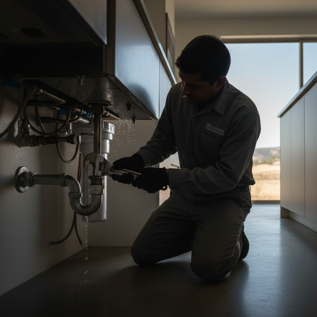 A Murgreen Environmental Company professional plumber working diligently under a kitchen sink in a Visalia home to fix an emergency leak.