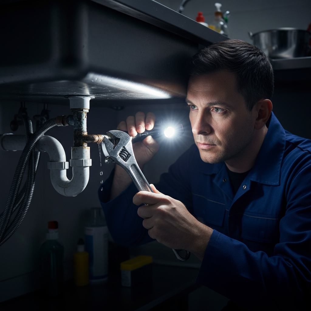 A licensed Murgreen plumber working on a leaking pipe under a kitchen sink at night in a Sacramento home.