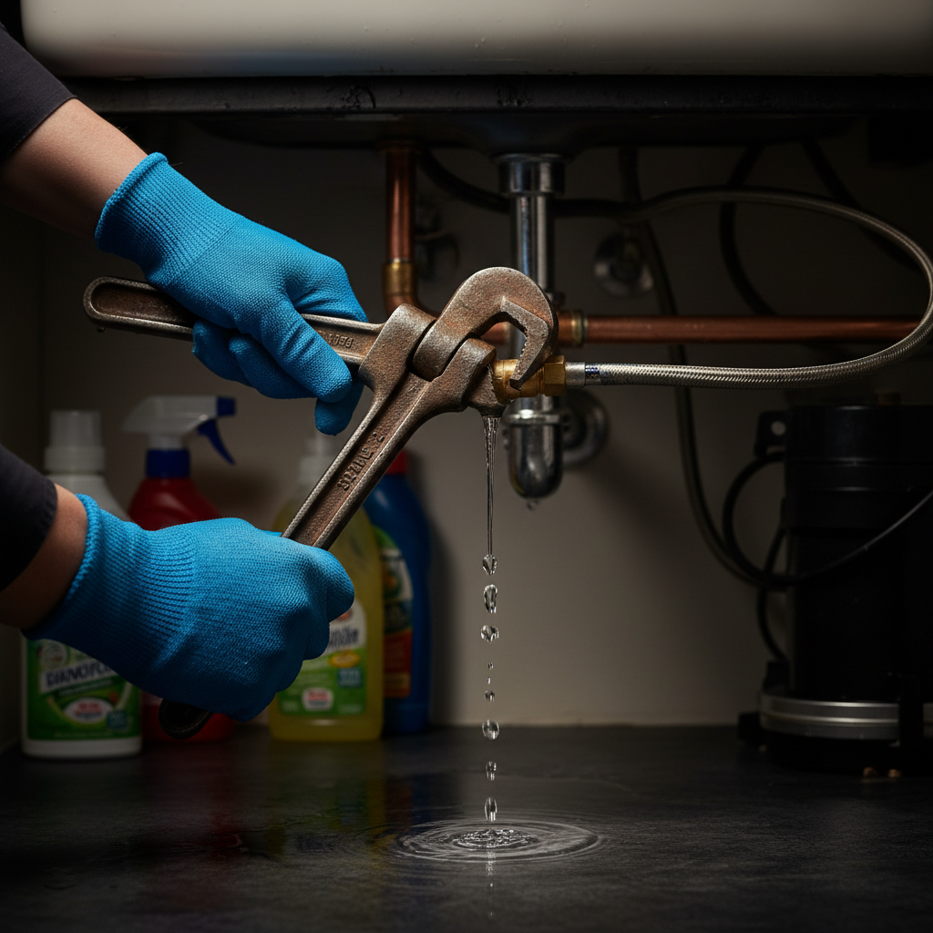 A professional Murgreen plumber working on an emergency pipe leak under a kitchen sink in a Stockton, California home.