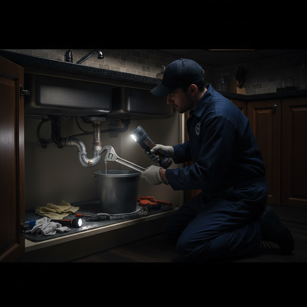 A certified Murgreen Environmental plumber fixing a burst pipe under a kitchen sink in a Tracy, California home at night.